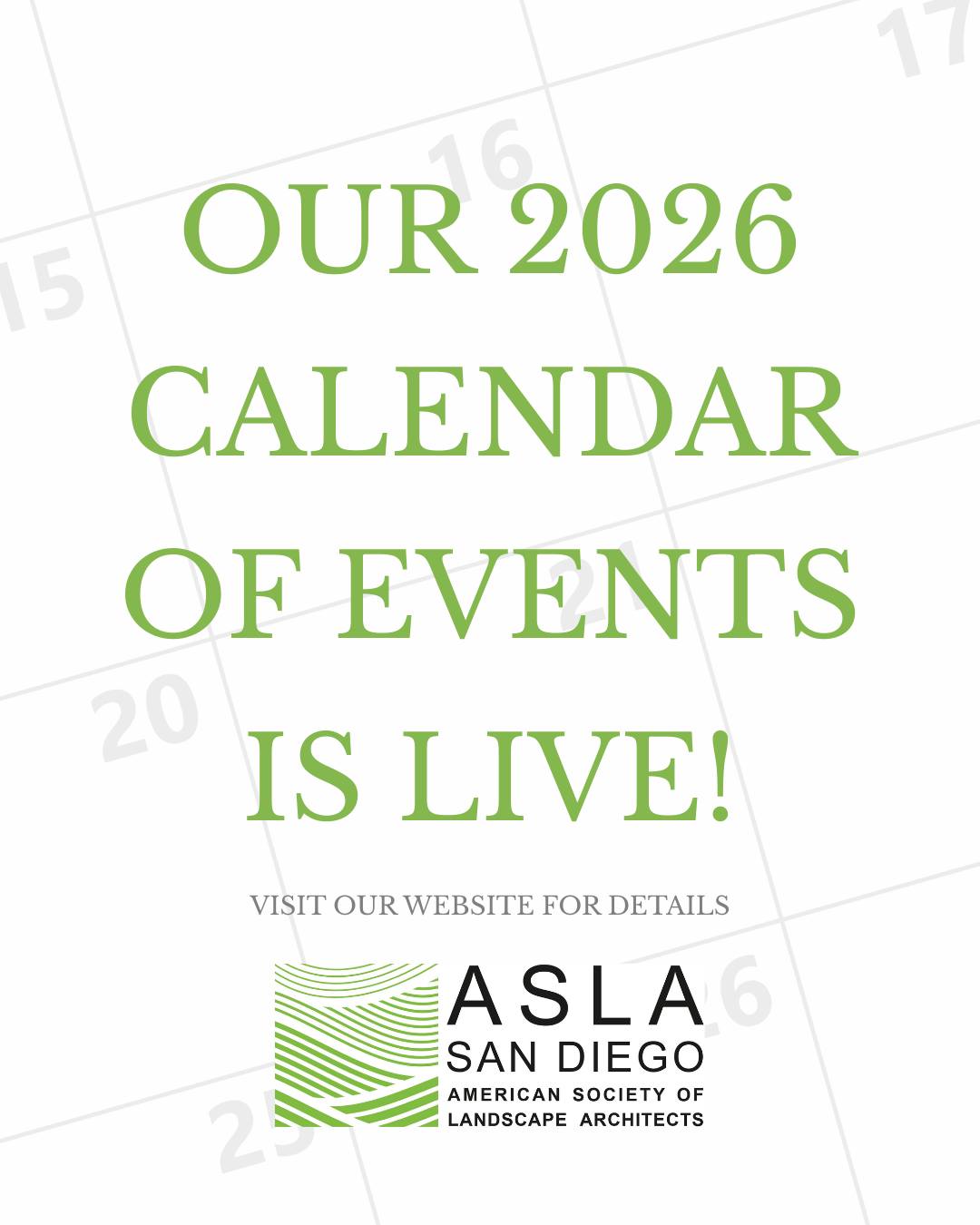 🗓️We just released our calendar of events for the year! Be sure to visit our website and mark your calendars- you don't want to miss this exciting year filled with unique opportunities to connect!
🎊To name just a few events happening this year:
ASLA SD 2026 Kickoff - March 17
Landscape Architecture Month (LAM) New Member Happy Hour
Sketch Crawl in Old Town - June 13
East Village Green Tour
Design Awards - July 30
Landscape Photography Workshop
…and many more!
Please visit our website for more dates and details. 🔗Click the link in our bio for more information! → asla-sandiego.org/events/
📩Helpful tip: Click on each event and click “Add to calendar” to add to your Google, iCalendar or Outlook 365 calendars.