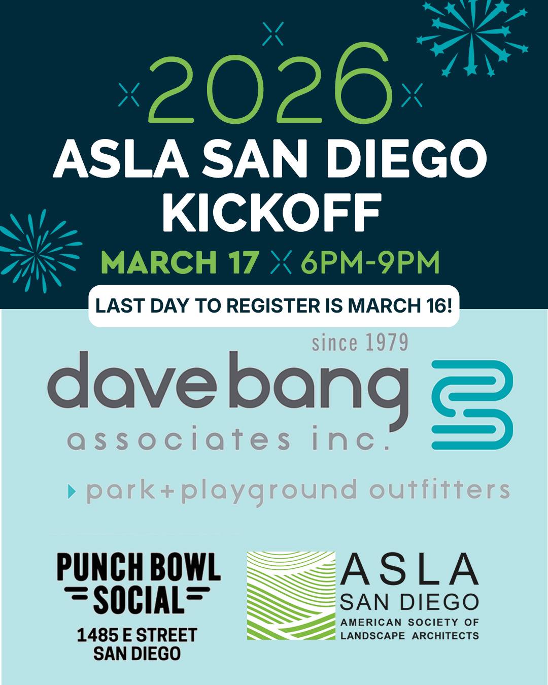 ❗️Last chance to sign up for our annual Kickoff event is Monday, March 16! Make important and lasting connections over good food, drinks and fun games. Network with ASLA members!
Great news! This event is FREE for ASLA San Diego members and sponsors. Non-members are only $40.
March 17, 6pm - 9pm at Punch Bowl Social in downtown San Diego. Sign up through the link in our bio!
Thank you to @dave_bang_associates for sponsoring this exciting event!