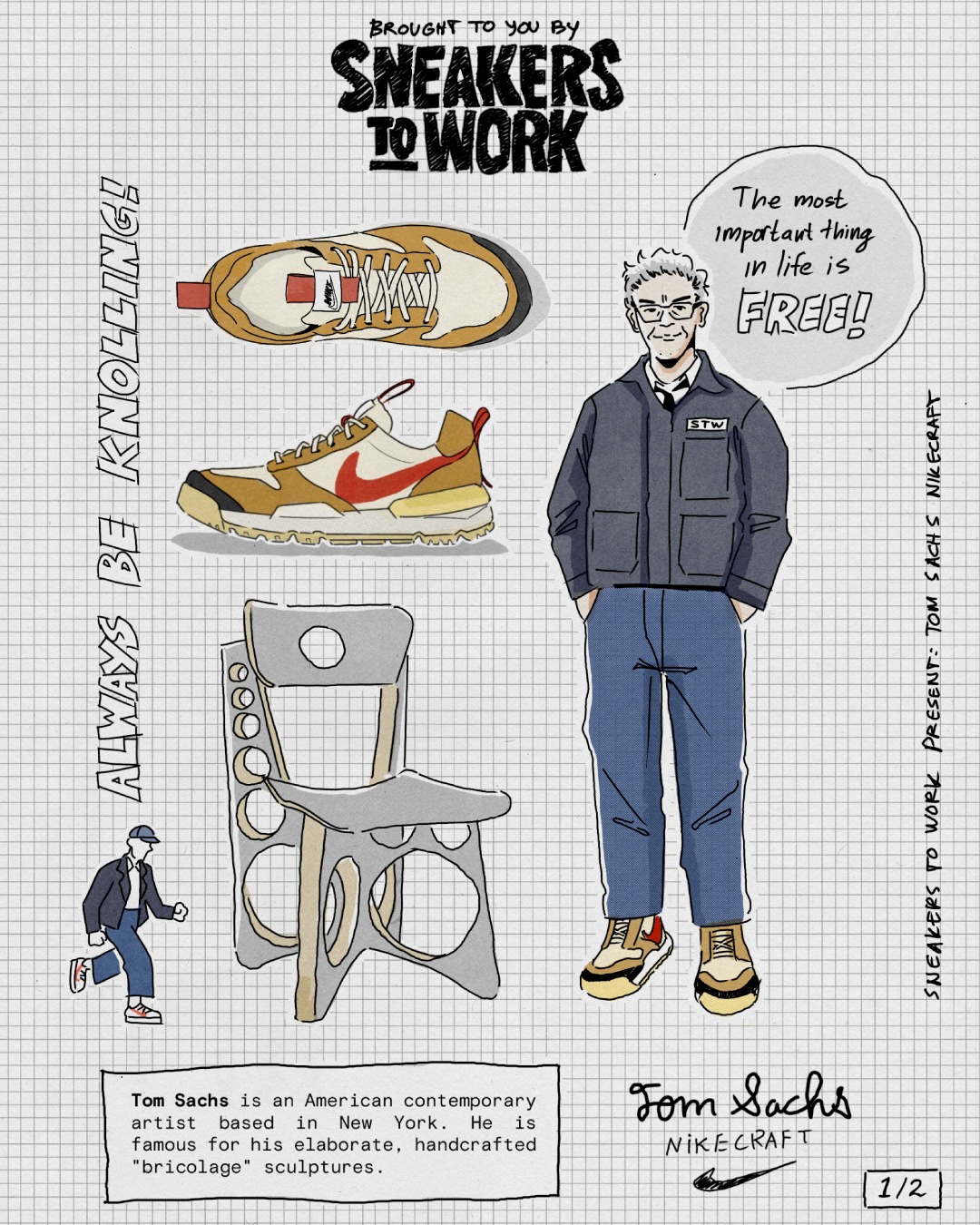 Tom Sachs built his world through bricolage, rituals, and the belief that every object should be used. He turns everyday tools into art. From his Space Program installations and sculptures, he brings the narrative directly into NikeCraft. From the Mars Yard and Mission Control (2012) to the upcoming innovation of the Mars Yard 3.0 (2025). Through NikeCraft, he extend this program into functional art objects. Made for people to wear and make their own stories. #SneakersToWork  ———————  Contributor Artist: Mirza Miftahuddin @mirzamifta Tom Sachs built his world through bricolage, rituals, and the belief that every object should be used. He turns everyday tools into art. From his Space Program installations and sculptures, he brings the narrative directly into NikeCraft. From the Mars Yard and Mission Control (2012) to the upcoming innovation of the Mars Yard 3.0 (2025). Through NikeCraft, he extend this program into functional art objects. Made for people to wear and make their own stories. #SneakersToWork  ———————  Contributor Artist: Mirza Miftahuddin @mirzamifta