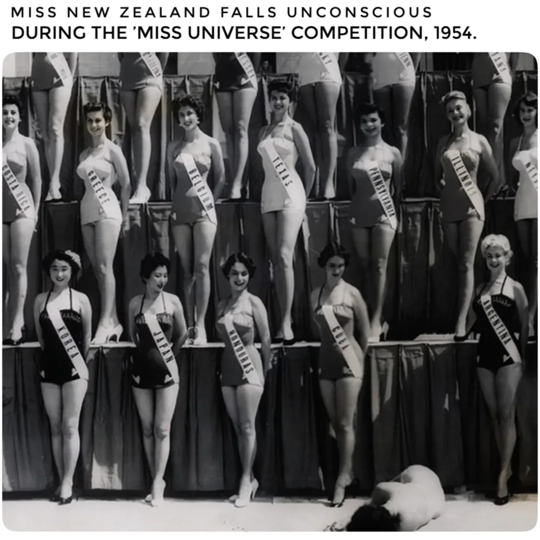 Miss New Zealand falls unconscious during the ’Miss Universe’ competition, 1954.
