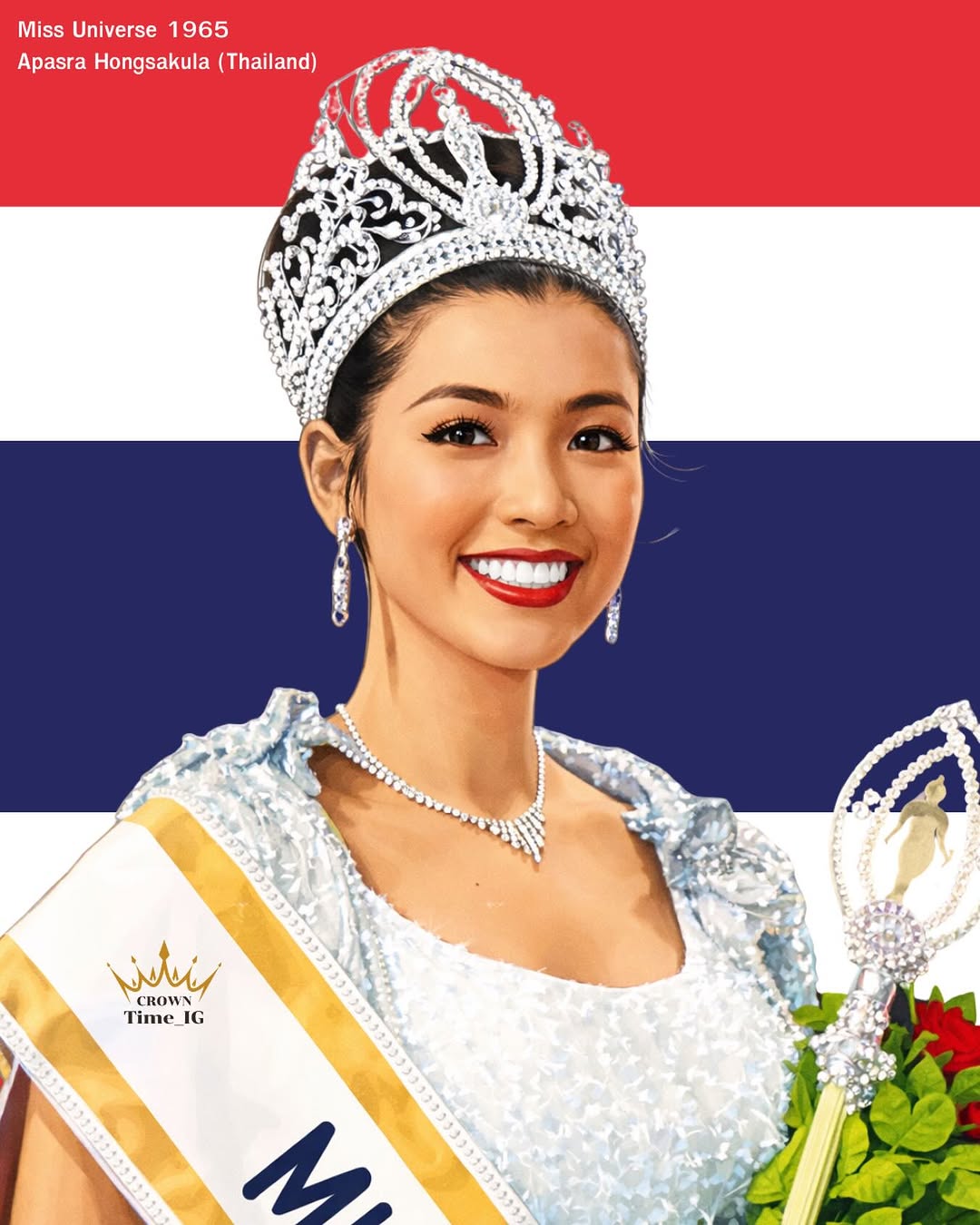 Miss Universe 1965 – Apasra Hongsakula (Thailand) 👑
Apasra Hongsakula was crow