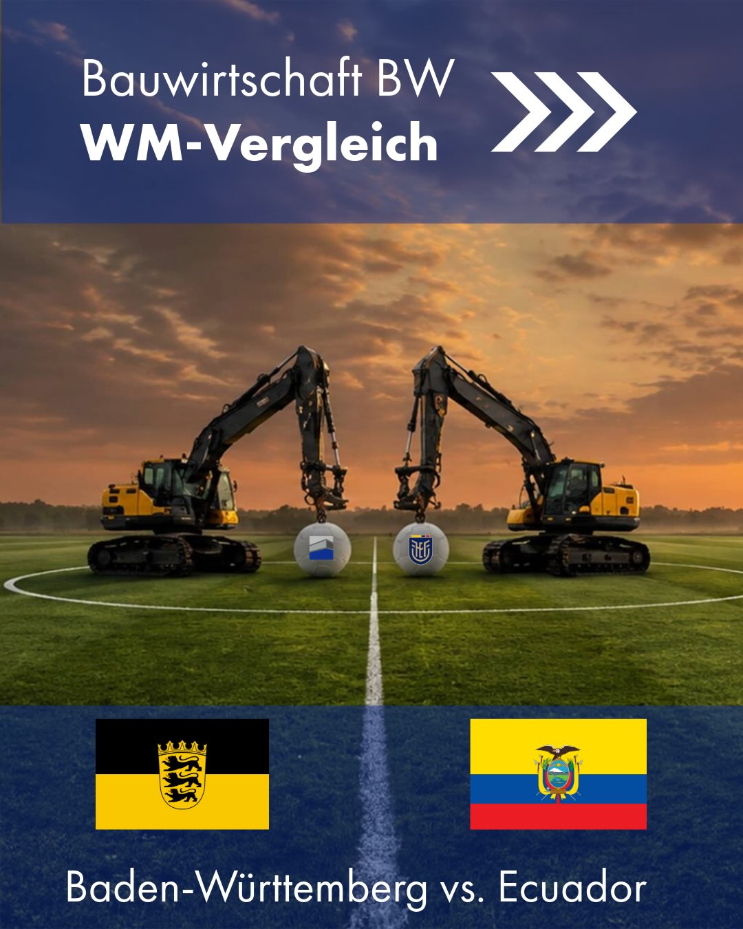 Heute Abend findet das dritte und letzte WM-Gruppenspiel des @dfb_team statt🇩🇪⚽️
Heute geht es im #MetlifeStadium in #NewYork gegen die @latriecu aus #Ecuador
Wir haben den WM-Vergleich gemacht und gecheckt, wie sich die Republik aus Südamerika gegen die #BauwirtschaftBW schlägt!🚧
Hier gewinnt #BadenWürttemberg mit 2:1. Der Gruppensieg wäre damit gesichert!😊
Was ist euer Tipp für das heutige Match❓